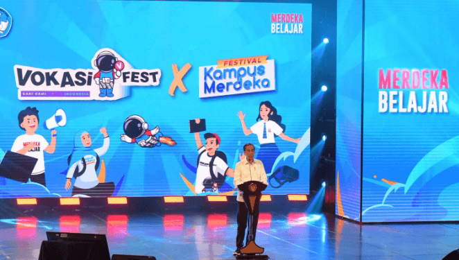 Presiden Jokowi saat membuka Vokasifest dan Festival Kampus Merdeka ke-3 di Graha Bhakti Budaya Taman Ismail Marzuki, Jakarta, Senin (11/12/2023).(foto:SetkabRI)