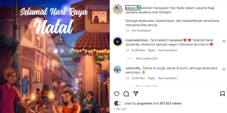 Presiden Jokowi Ucapkan Selamat Natal 2023 di akun Instagramnya @jokowi.(foto:istanagaruda.com)