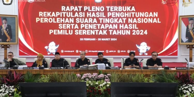 KPU RI saat menggelar Rapat Pleno Terbuka Penetapan Hasil Pemilu Tahun 2024 Secara Nasional, Rabu (20/03/2024).(Foto:X@KPU_ID)