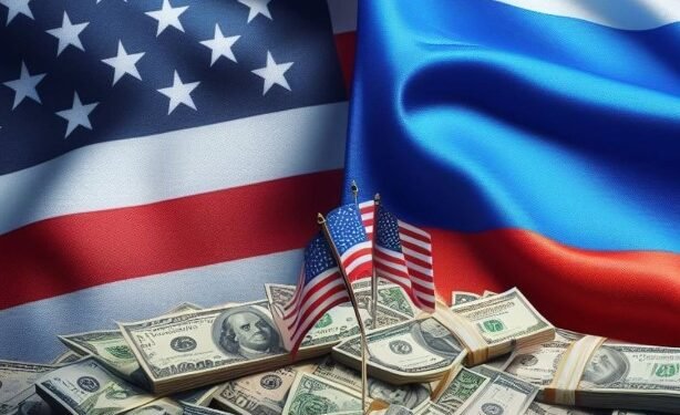 Ilustrasi bendera Rusia dan AS.(Bitcoin News)