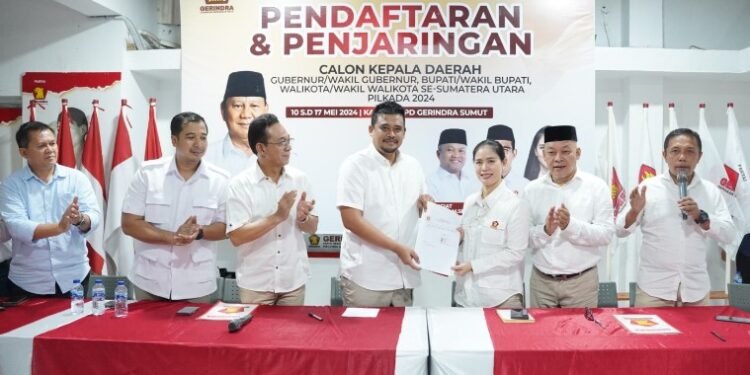 Bobby Nasution saat mendaftar sebagai Calon Gubernur Sumatera Utara di Partai Gerindra.(Foto:X@bobbynasution_)