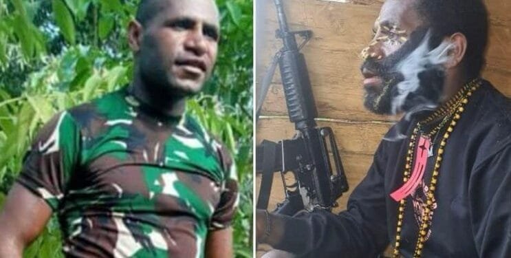 Danis Murib saat menjadi anggota TNI (kiri) dan saat jadi OPM (kanan).(Puspen TNI)