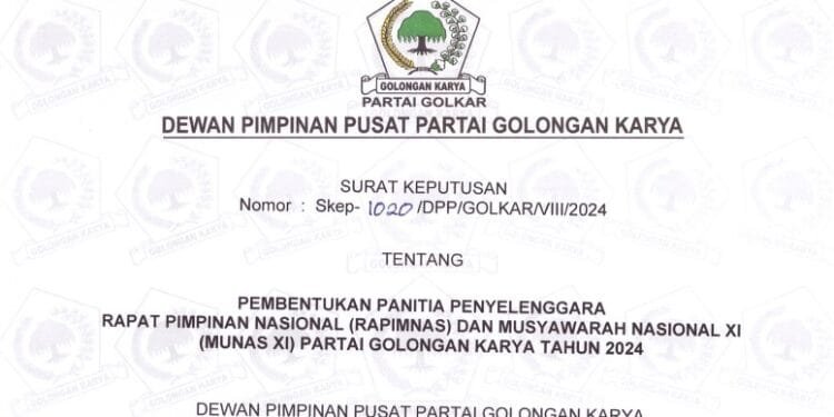 SK Panitia peyelenggaran Rapimnas dan Munas XI Partai Golkar 2024.(Istimewa)