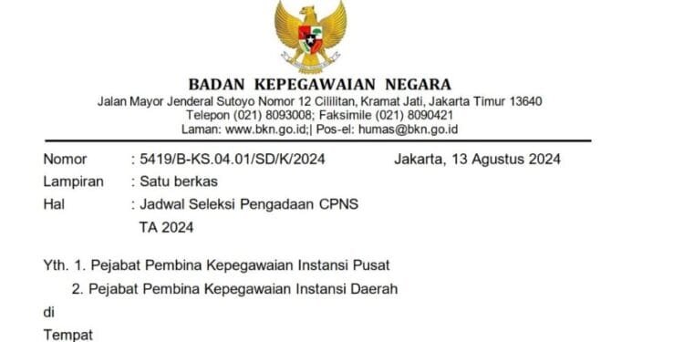 Surat BKN tentang jadwal seleksi CPNS 2024.(Setkab RI)