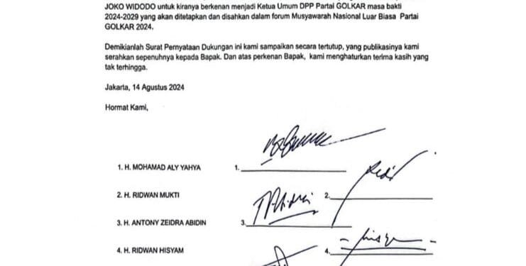 Penggalan surat permintan kepada Jokowi untuk Jadi Ketum Golkar.(dok)