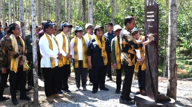 Presiden Jokowi melakukan peninjauan sekaligus pencanangan kawasan Wanagama Nusantara yang berada di Zona Rimba Kota B Kawasan Inti Pusat Pemerintahan (KIPP), Ibu Kota Nusantara (IKN), Jumat (13/09/2024). (Setkab.go.id)