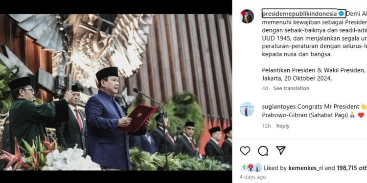 Postingan perdana akun Presiden Prabowo Subianto @presidenrepublikindonesia di Instagram.(Screenshot)