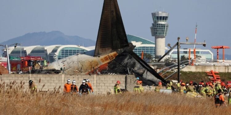 Bagian ekor pesawat Jeju Air yang terbakar di Bandara Muan, Korea Selatan, Minggu (29/12/2024).(APNews)
