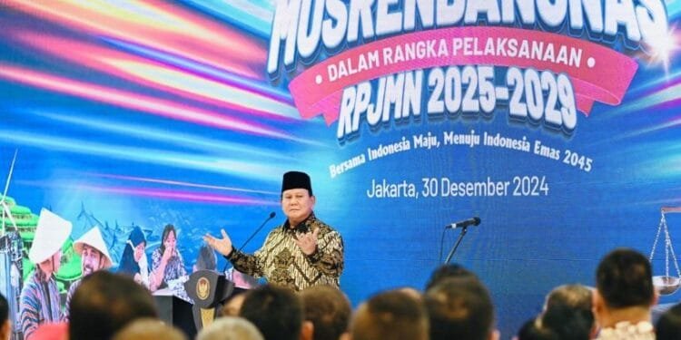 Presiden Prabowo pada Musrenbangnas RPJMN 2025-2029 di Kantor Bappenas, Senin (30/12).(Presidenri)