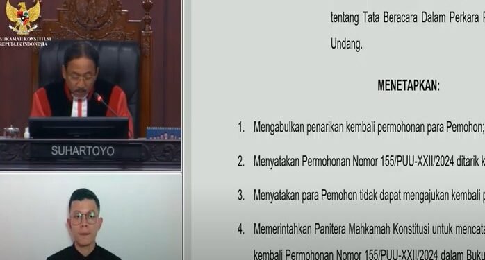 Ketua MK Suhartoyo membacakan putusan Nomor 62/PUU-XXII/2024 dalam sidang pleno MK, Kamis (02/01/2025).(Screenshot Youtube)