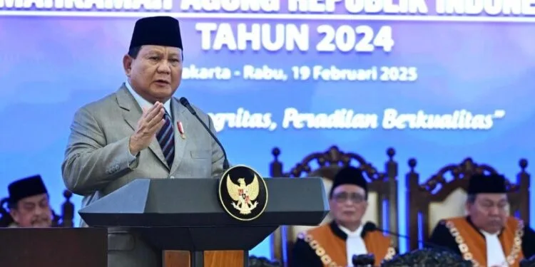 Presiden Prabowo Subianto pada Sidang Istimewa Laporan Tahunan Mahkamah Agung RI Tahun 2024, di Gedung Mahkamah Agung, Jakarta, Rabu (19/02/2025).(Presidenri)