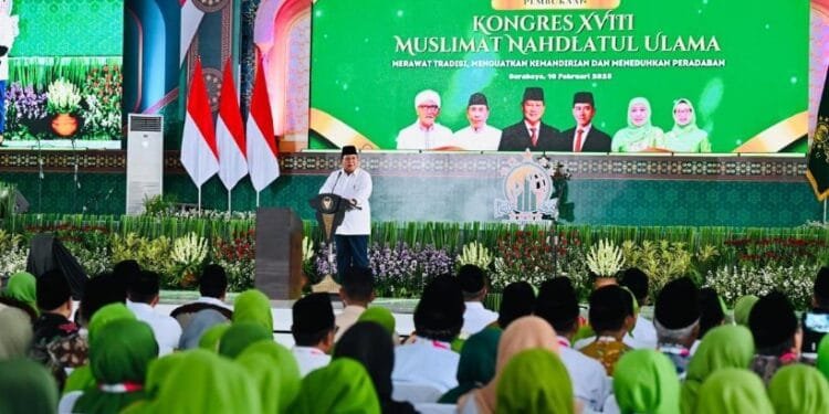 Presiden Prabowo Subianto saat sambutan pada Pembukaan Kongres XVIII Muslimat Nahdlatul Ulama (NU), Senin (10/02/2025).(Presidenri)