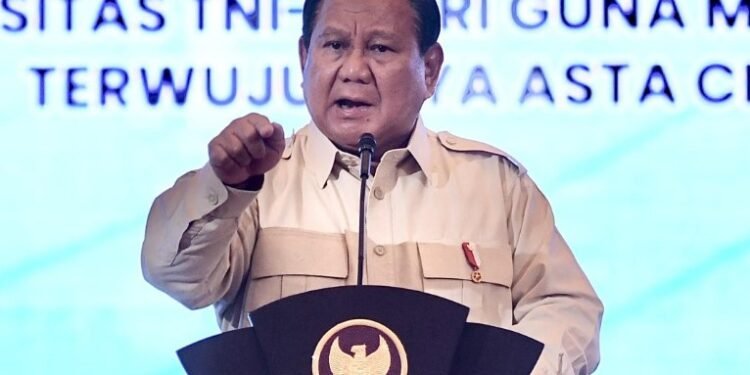 Presiden Prabowo Subianto sambutan pada Rapim TNI-Polri, Kamis (30/01/2025).(Presidenri)