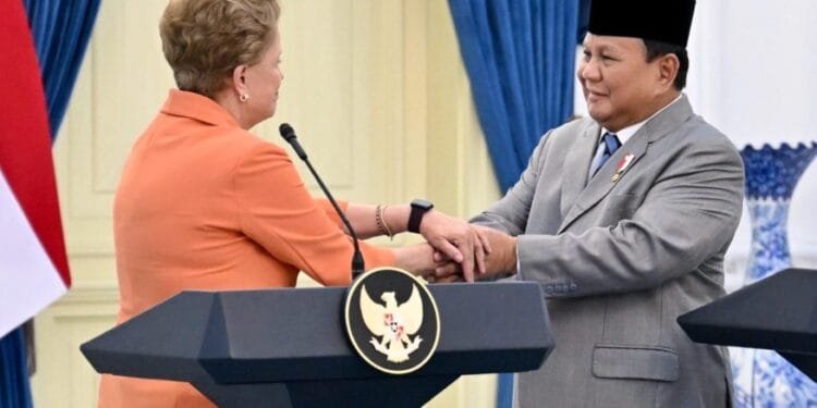 Presiden Prabowo Subianto dan Presiden NDB Dilma Vana Rousseff di Istana Merdeka, Jakarta, Selasa (25/03/2025). (Presidenri)