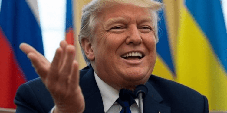 Ilustrasi Presiden AS Donald Trump dengan latar bendera Rusia dan Ukraina.(grok)