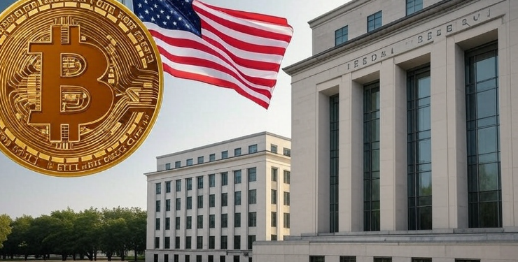 Ilustrasi Bitcoin dengan latar kantor The FED.(grok)