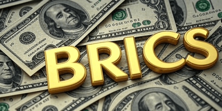 Ilustrasi BRICS dengan latar uang Dollar.(grok)