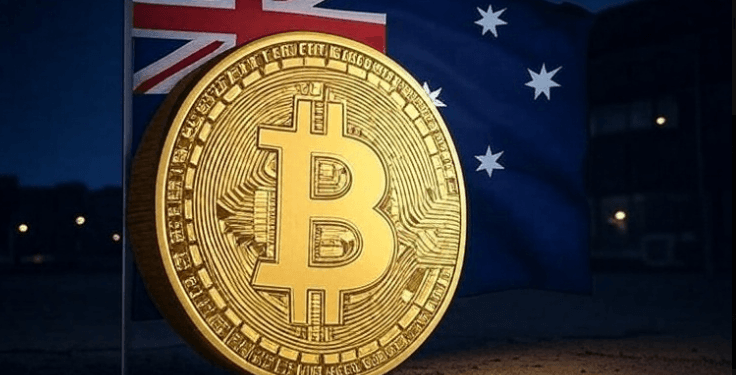 Logo Bitcoin dengan latar bendera Australia.(grok)