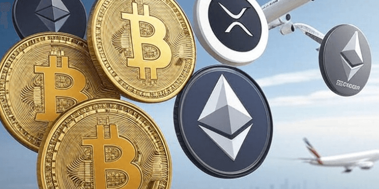 Ilustrasi Bitcoin dan pesawat terbang.(grok)