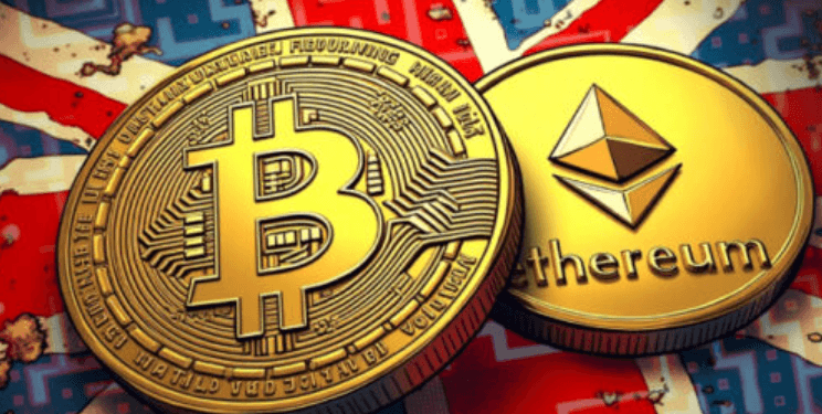 Ilustrasi kripto dengan latar bendera Inggris.(Coinedition)