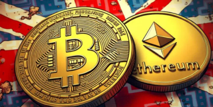 Ilustrasi kripto dengan latar bendera Inggris.(Coinedition)
