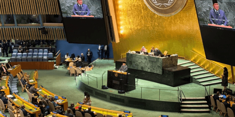 Presiden RI Prabowo Subianto menyampaikan pidato di Sidang PBB, New York, Amerika Serikat, pada Senin, 22 September 2025.(Presidenri)