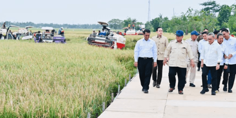 Presiden Prabowo Subianto melakukan peninjauan berbagai inovasi hilirisasi dan teknologi pertanian modern dalam rangkaian kegiatan Panen Raya di Desa Kertamukti, Kabupaten Karawang, Provinsi Jawa Barat, pada Rabu, 7 Januari 2026.(Presidenri)