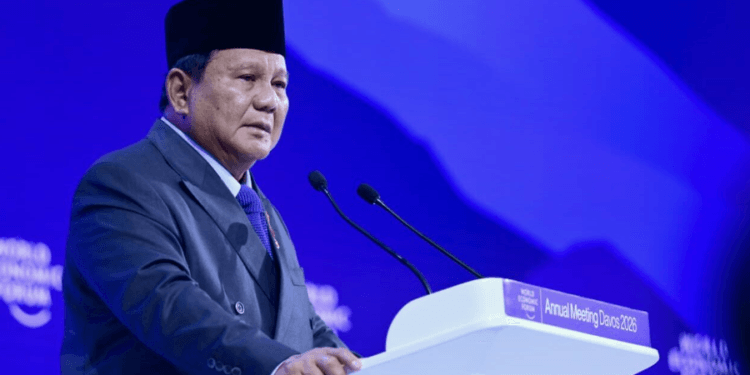 Presiden RI Prabowo Subianto saat pidato pada WEF Annual Meeting 2026 pada Kamis, 22 Januari 2026, di Davos, Swiss.(Presidenri)