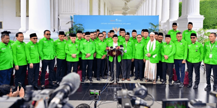 Jajaran pengurus DPP PKB menyampaikan keterangannya usai diterima Presiden Prabowo Subianto di Istana Merdeka Jakarta, pada Rabu, 4 Februari 2026.(Presidenri)