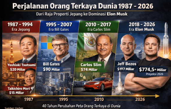 Ilustrasi Perjalanan orang terkaya dunia dari 1987-2026.