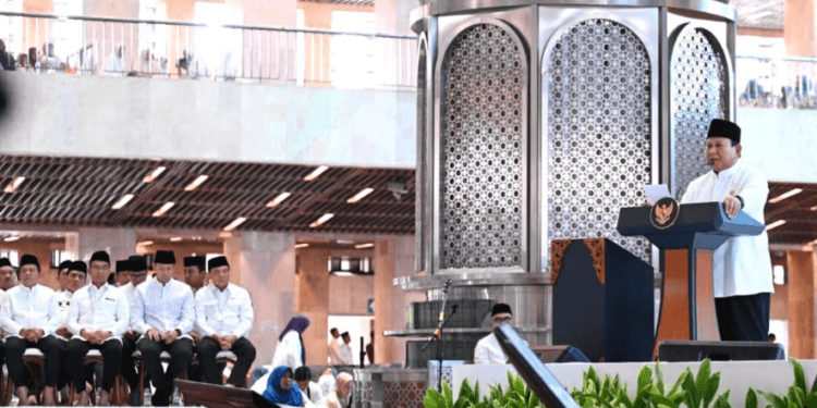 Presiden Prabowo Subianto menyampaikan kata sambutan di Masjid Istiqlal, Jakarta pada Sabtu, 7 Februari 2026.(Presidenri)