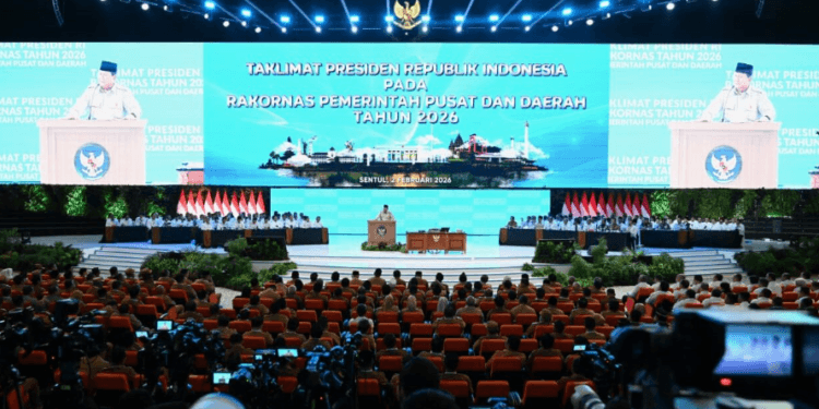 Presiden Prabowo Subianto secara resmi membuka Rakornas Pemerintah Pusat dan Daerah Tahun 2026 di SICC, Bogor, Jawa Barat, pada Senin, 2 Februari 2026.(Presidenri)