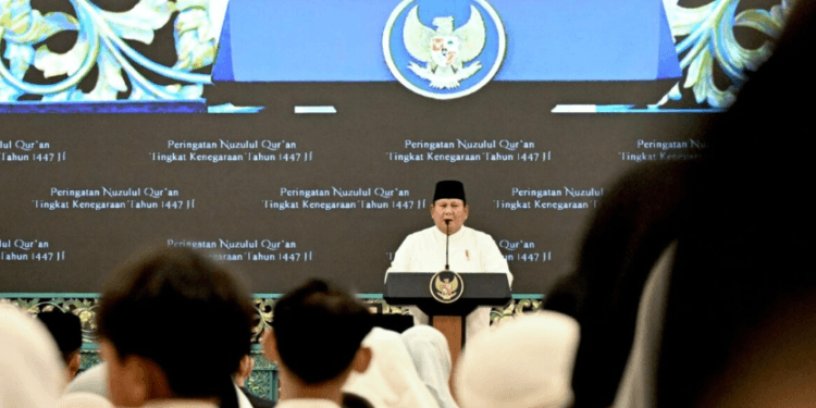 Presiden Prabowo Subianto memberi sambutan pada Peringatan Nuzulul Qur’an Tingkat Kenegaraan Tahun 1447 H/2026 M di Istana Negara, Jakarta, Selasa, 10 Maret 2026.(Presidenri)