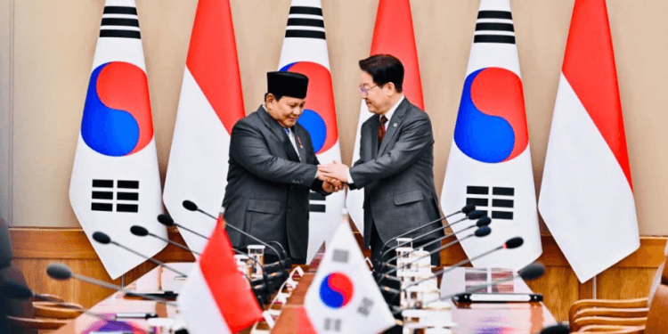 Presiden Lee Jae Myung melakukan pertemuan bilateral dengan Presiden Prabowo Subianto di Istana Kepresidenan Republik Korea, Cheong Wa Dae (Blue House), Rabu, 1 April 2026.(Presidenri)