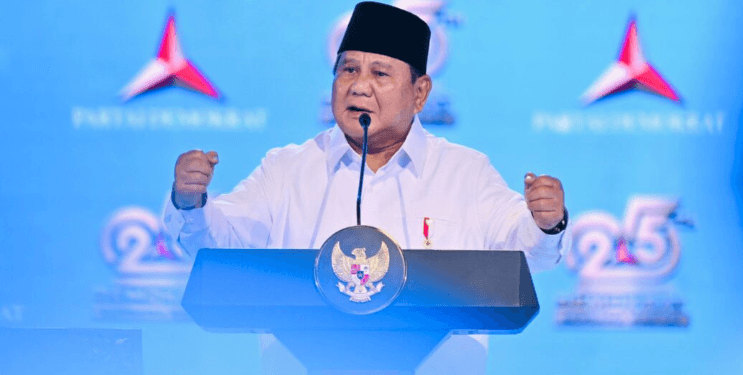 Presiden Prabowo Subianto menyampaikan sambutan pada Puncak Peringatan Hari Ulang Tahun ke-25 Partai Demokrat yang digelar di Indonesia Arena, Jakarta, pada Rabu, 9 September 2026.(Presidenri)